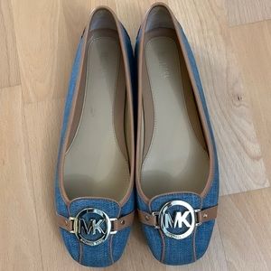 Michael Kors  Fulton Mocs denim and tan leather size 10